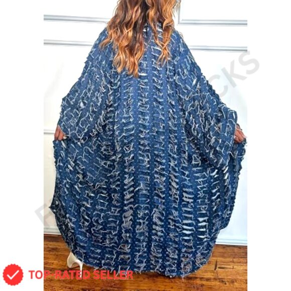Oversized Ripped Denim Long Cardigan Distressed Hollow Open Front Duster - Picture 4 of 7